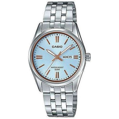 CASIO COLLECTION Mod. LADY DAY & DATE - LIGHT BLUE. BRONZE INDEXES WATCHES