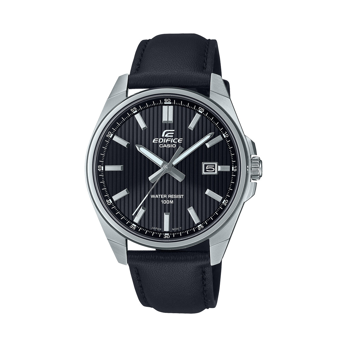 CASIO EDIFICE Mod. CLASSIC DATE - LEATHER, BLACK ***SPECIAL PRICE*** wristwatch with stainless steel case, leather strap, and quartz movement.