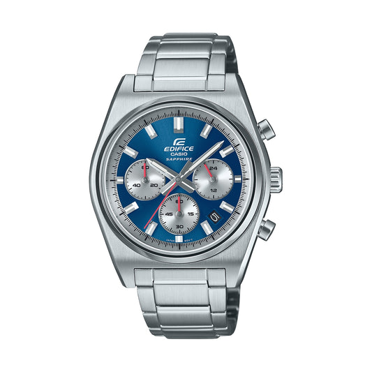 CASIO EDIFICE Mod. MOTORSPORT CHRONOGRAPH BLUE wristwatch with stainless steel case and blue dial, featuring chronograph and date functions.