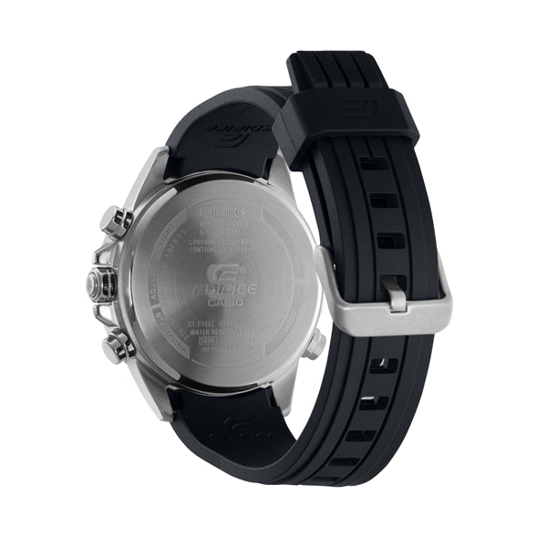 Back view of CASIO EDIFICE Mod. SPORT Bluetooth wristwatch with resin strap and stainless steel case, multifunction quartz movement.