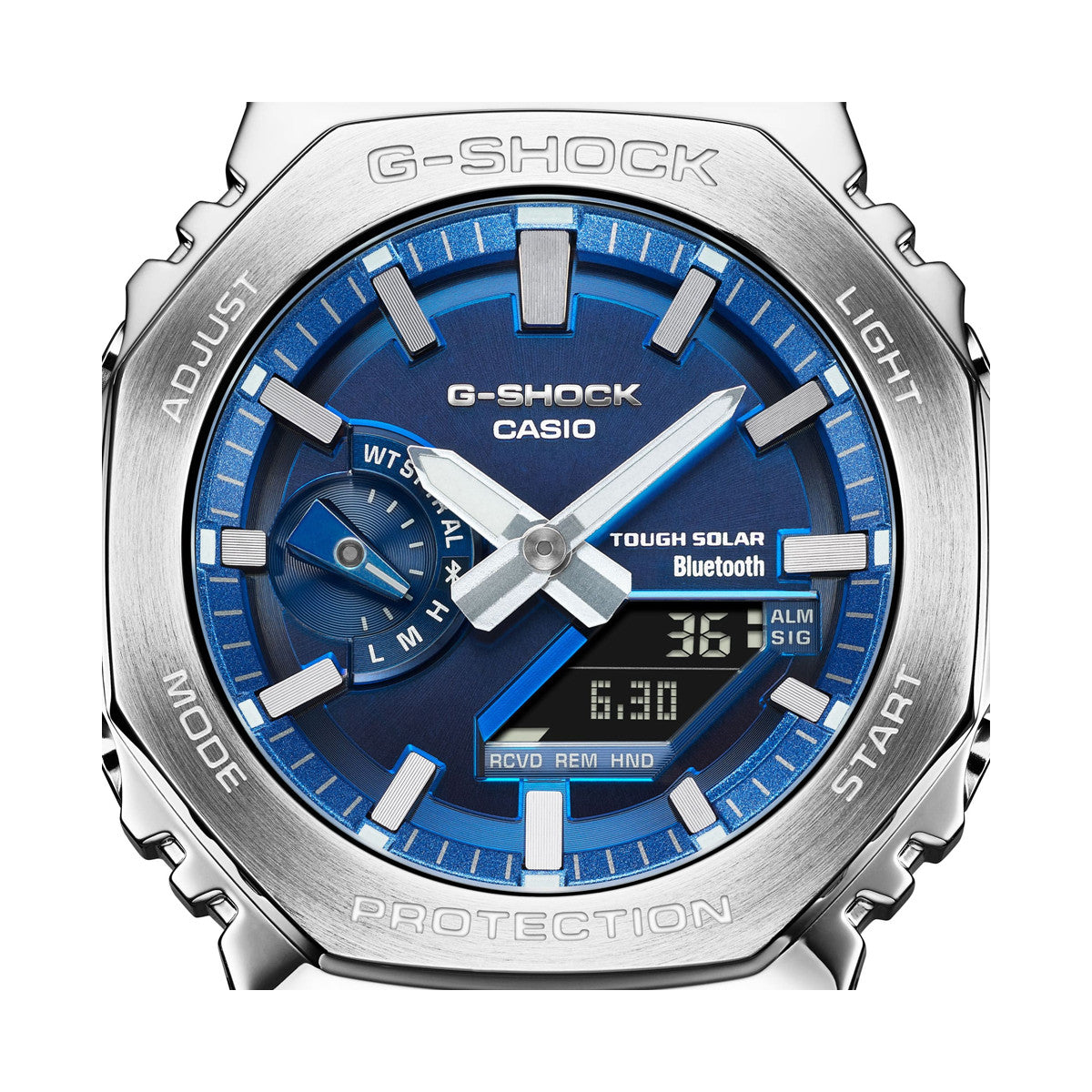 CASIO G-SHOCK MASTER OF G Mod. OAK FULL METAL Bluetooth® wristwatch, stainless steel case, blue dial, solar powered, for gentlemen.