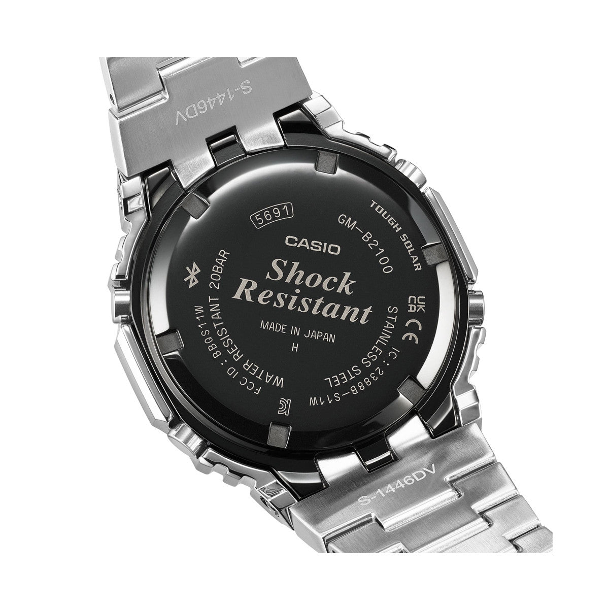 Rear view of CASIO G-SHOCK MASTER OF G Mod. OAK FULL METAL Bluetooth® wristwatch, showcasing shock resistance and stainless steel bracelet.