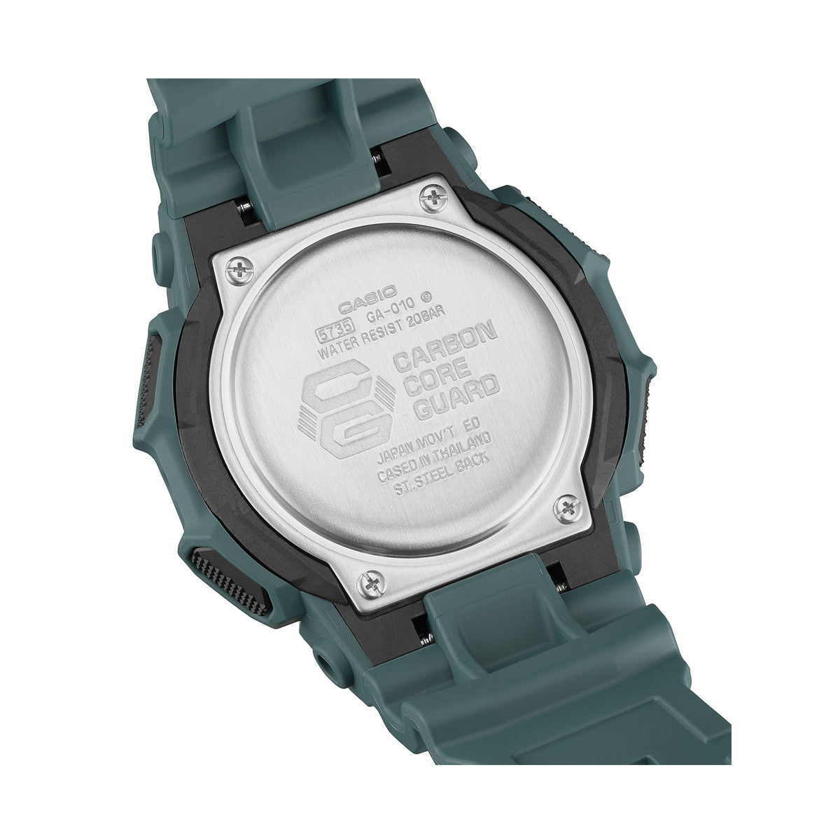 Back view of CASIO G-SHOCK Mod. NEW RUGGED BASIC Analog-Digital 10-Year Battery with Carbon Core Guard design and water resistance.