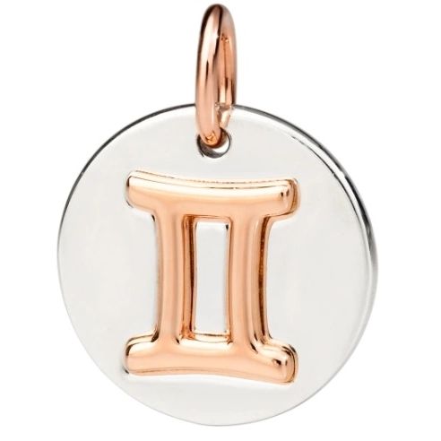 Gold zodiac charm pendant with Gemini symbol, CHARMS DODO MOD. DMC2008ZODGE0009A, elegant accessory on white background.