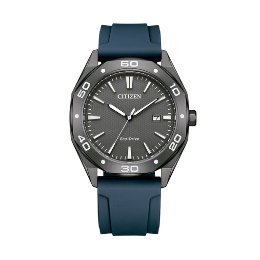 CITIZEN MOD. BM7638-02H watch with blue band and black dial displaying current time.
