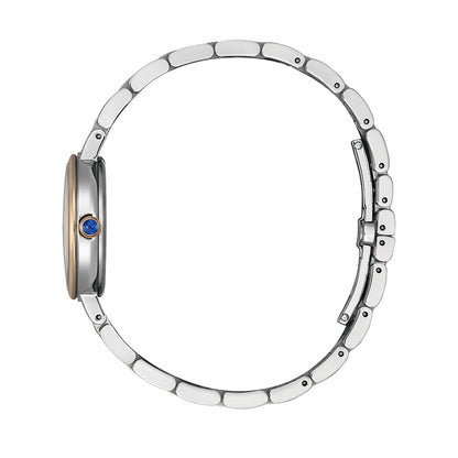 Side view of CITIZEN MOD. EM0996-84Y watch with elegant metal bracelet and blue accent.