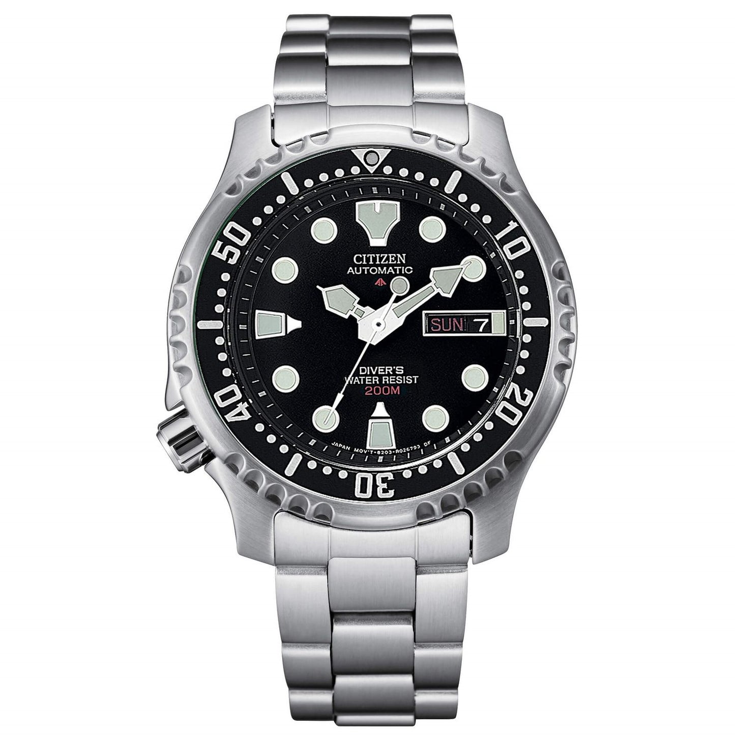 CITIZEN MOD. NY0040-50E stainless steel watch, with black dial, water-resistant up to 200m, and automatic movement.