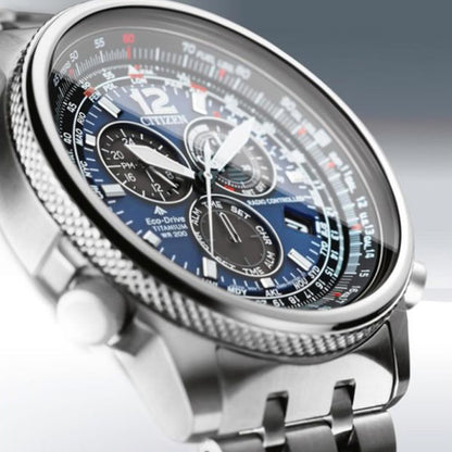 Close-up of CITIZEN WATCHES Mod. CB5850-80L with detailed dial and silver strap, showcasing its elegant design and precision engineering.