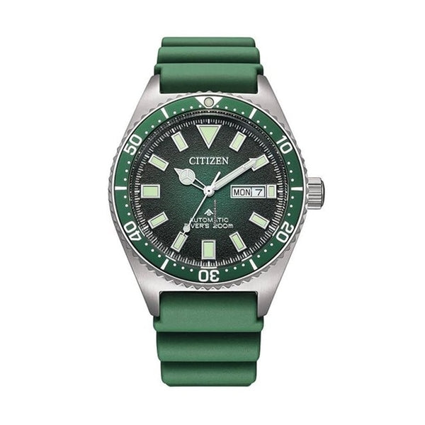 CITIZEN WATCHES Mod. NY0121-09X with green dial and strap, featuring date display, automatic movement, and water resistance.