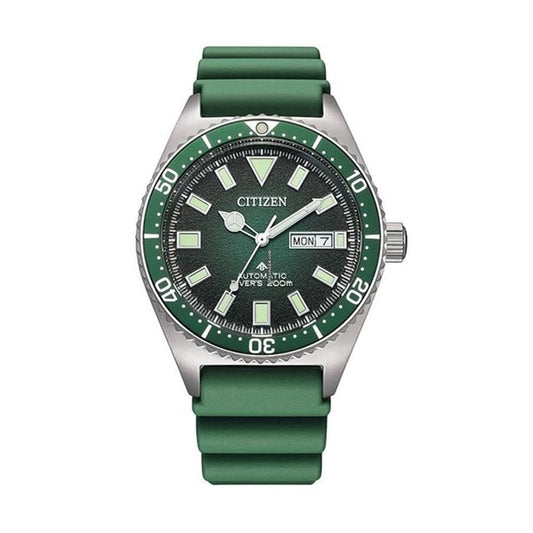 CITIZEN WATCHES Mod. NY0121-09X with green dial and strap, featuring date display, automatic movement, and water resistance.