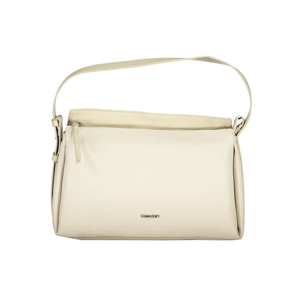 Front view of Calvin Klein Beige Polyester Handbag with adjustable shoulder handle and zip closure, featuring recycled materials.
