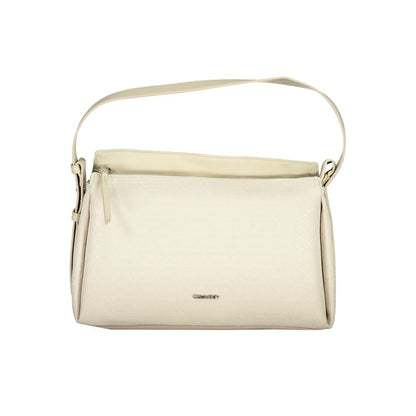 Front view of Calvin Klein Beige Polyester Handbag with adjustable shoulder handle and zip closure, featuring recycled materials.
