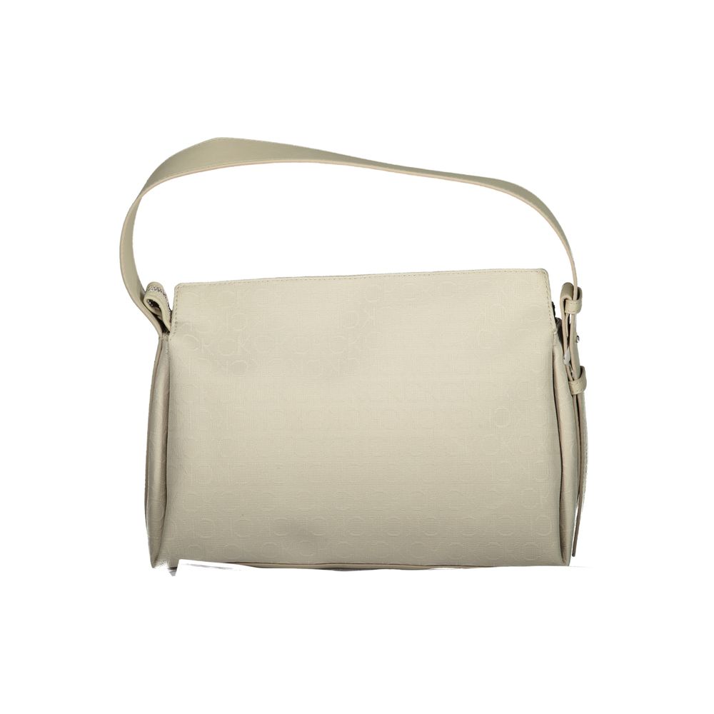 Calvin Klein Beige Polyester Handbag with adjustable shoulder handle and internal document pocket, featuring zip closure and logo.