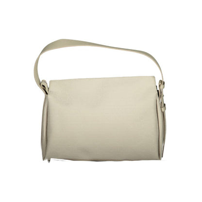 Calvin Klein Beige Polyester Handbag with adjustable shoulder handle and internal document pocket, featuring zip closure and logo.
