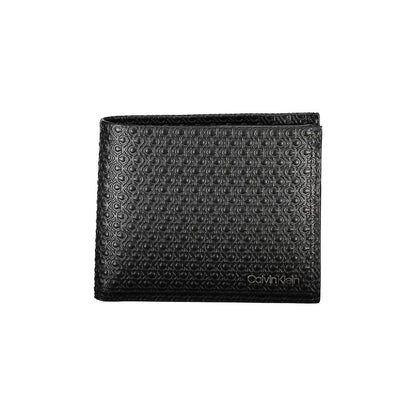 Calvin Klein Black Leather Wallet with 2 compartments, card spaces, RFID block, contrast details, logo.