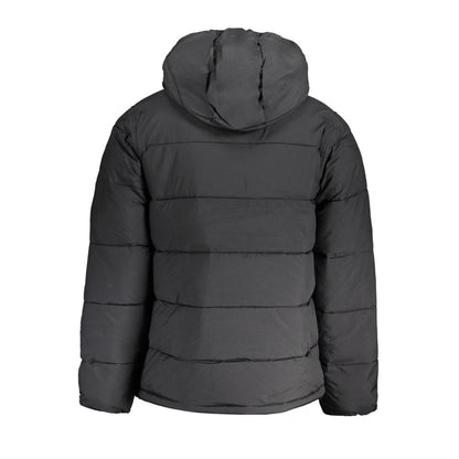 Calvin Klein Black Nylon Men Jacket with hood, sleek design, featuring water-repellent fabric for modern style and functionality.