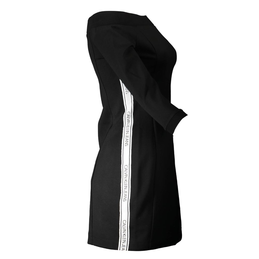 Calvin Klein Black Polyester Dress with 3/4 sleeves, off-shoulder neckline, and contrasting logo details