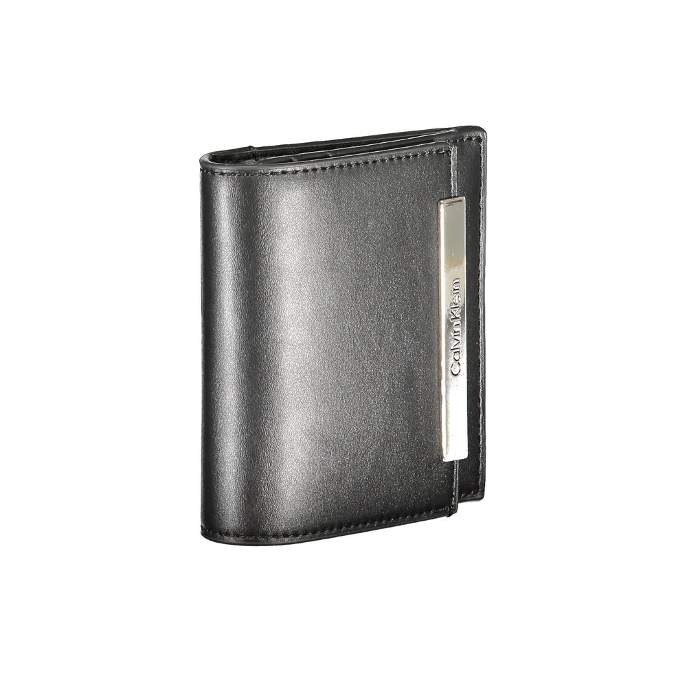 Calvin Klein Black Polyester Wallet featuring RFID block, card spaces, external pocket, zip, and automatic closure.