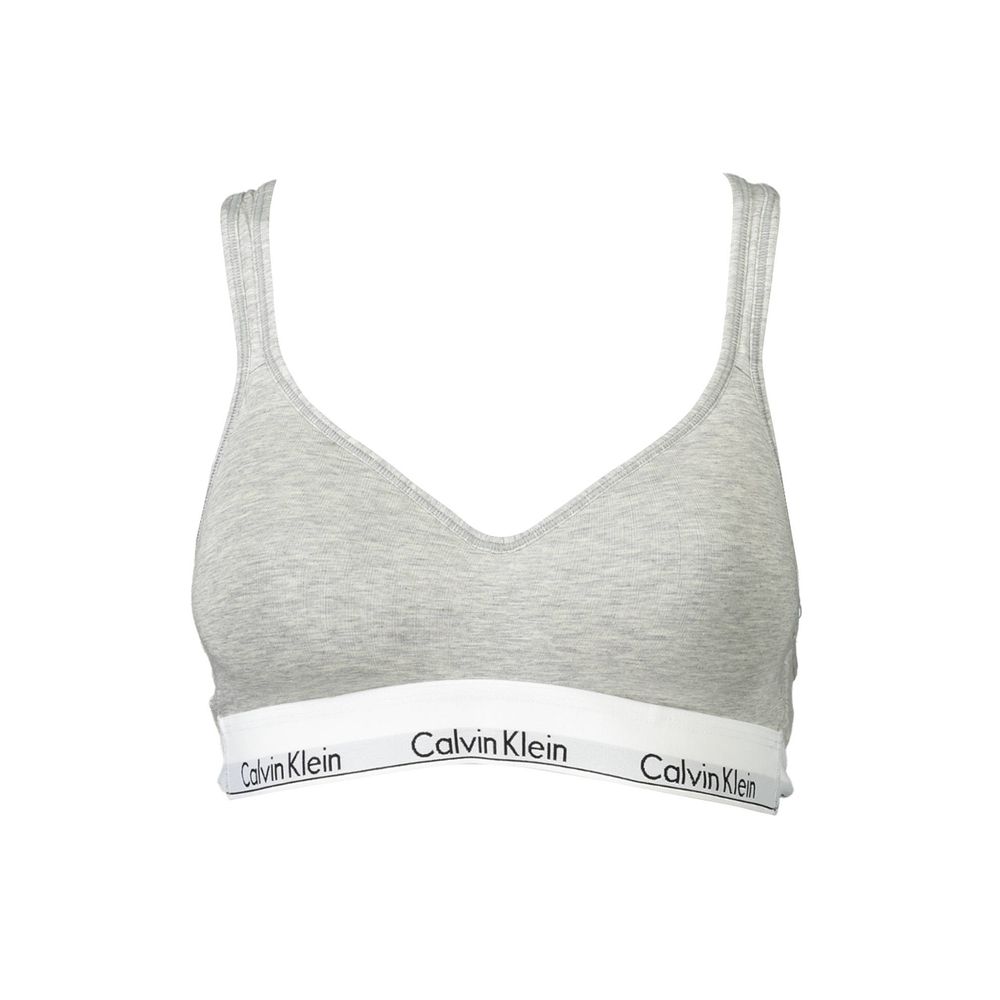 Calvin Klein gray bralette with logo band, showcasing classic style and comfort.