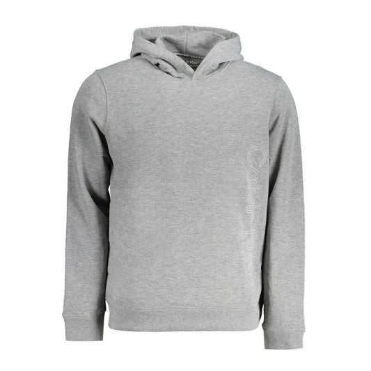 Calvin Klein Gray Polyester Men Sweater, stylish eco-friendly hoodie with bold logo print, made from 100% recycled material.