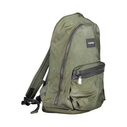 Calvin Klein Green Polyester Backpack with adjustable straps and external pocket, featuring a logo and water-repellent material.