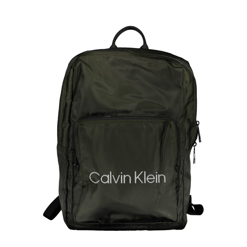 Calvin Klein Green Polyester Men Backpack with laptop compartment and front pocket, featuring sleek design and fashion-forward detailing.