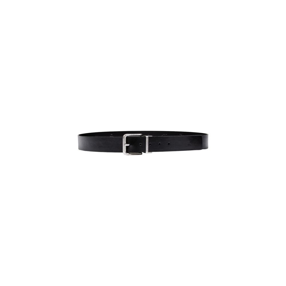 Calvin Klein Jeans Black Leather Belt with polished metal buckle, essential for casual or smart outfits, crafted from 100% leather.