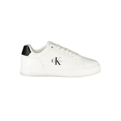 Calvin Klein White Leather Women Sneaker with black details, featuring removable footbed and logo, perfect for confident style.