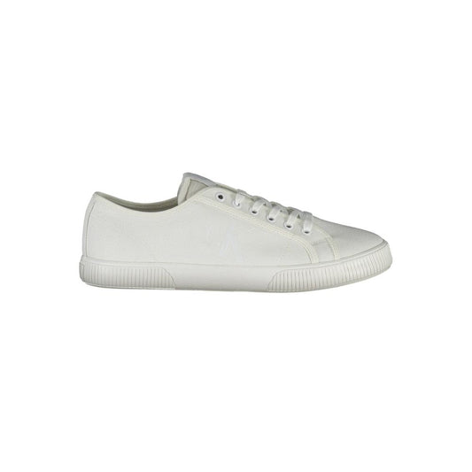 Calvin Klein White Polyester Men Sneaker, eco-friendly design, featuring bold logo, crafted with recycled materials for sustainable style.