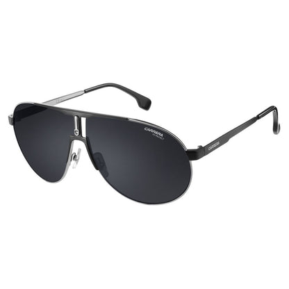Carrera Black Metal Sunglasses with matte black aviator frame and grey lenses, model 1005-S-TI7-IR, refined with monogram "C".
