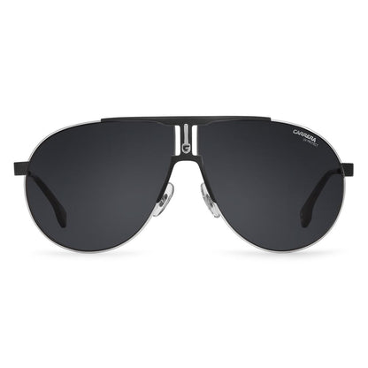 Carrera Black Metal Sunglasses with grey lenses, front view, unisex design, iconic Italian craftsmanship.