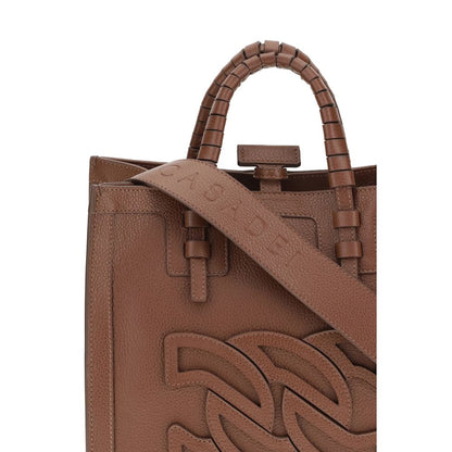 Casadei Brown Calf Leather Bos Taurus Shoulder Bag with tubular handles and embossed logo, adjustable and removable strap.
