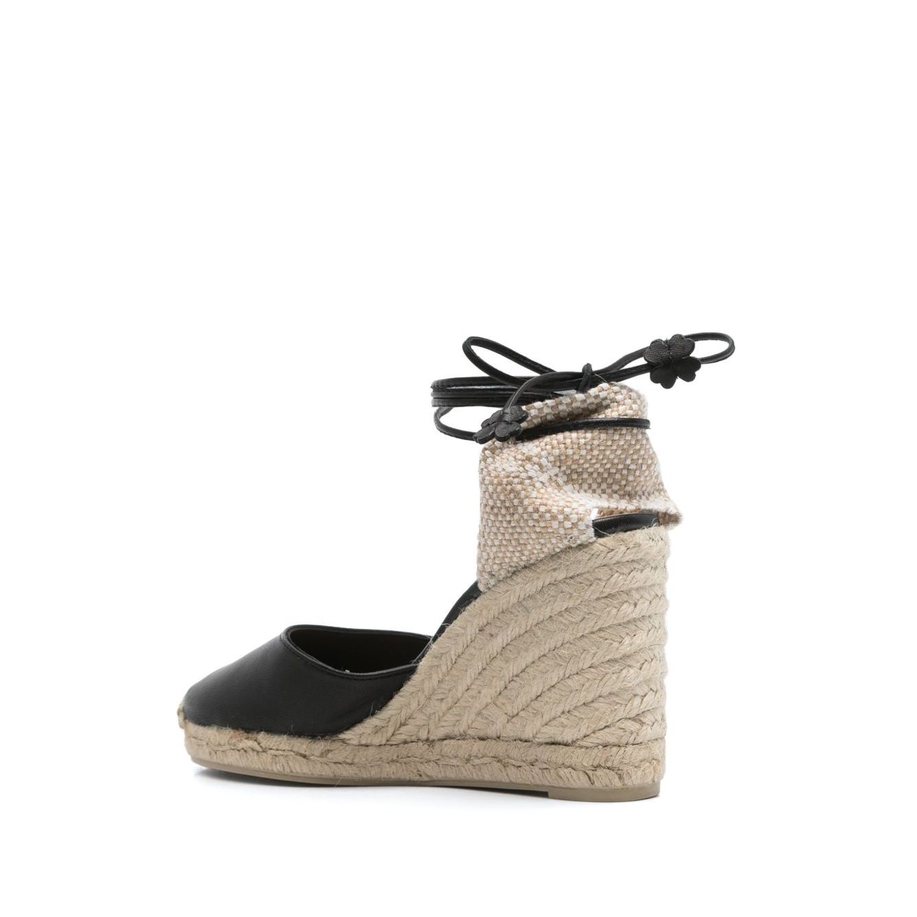 Castañer Castaner Flat shoes Black with high wedge heel and braided raffia, featuring a leather espadrille and tie-fastening ankle strap.