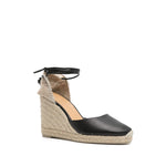 Castañer Castaner Flat shoes Black with ankle strap and high braided raffia wedge heel, featuring leather espadrilles.
