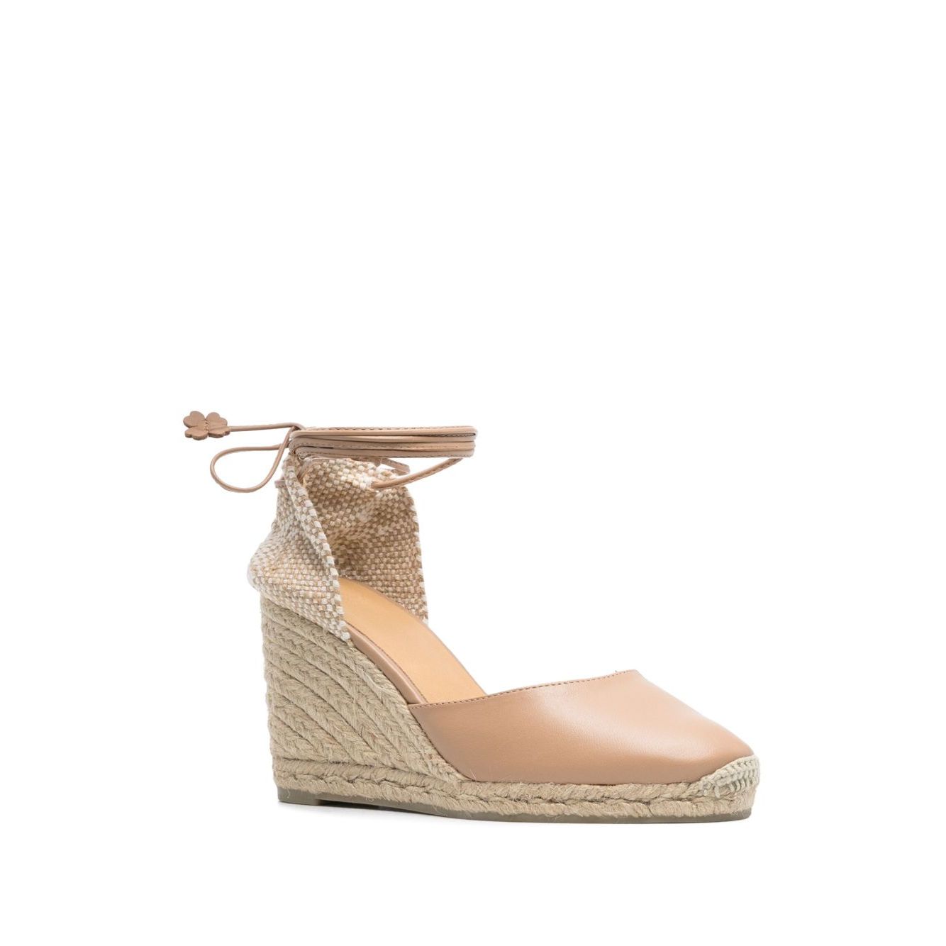 Castañer Castaner Flat shoes Powder with almond beige tie-fastening ankle strap and high wedge braided raffia heel espadrilles.