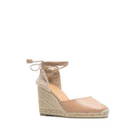 Castañer Castaner Flat shoes Powder with almond beige tie-fastening ankle strap and high wedge braided raffia heel espadrilles.