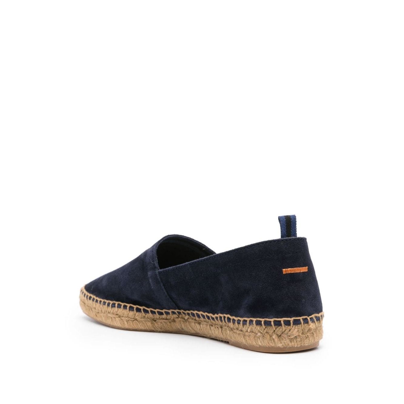 Castañer Castaner Pablo suede espadrilles in midnight blue calf suede with braided raffia sole, rear pull-tab, and rubber outsole.