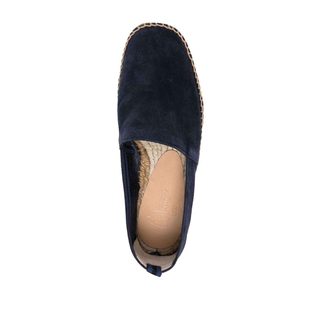 Castañer Castaner Pablo suede espadrilles in midnight blue calf suede, featuring almond toe and branded leather insole, top view.