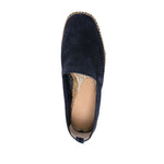 Castañer Castaner Pablo suede espadrilles in midnight blue calf suede, featuring almond toe and branded leather insole, top view.