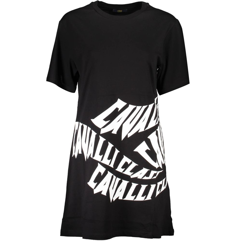 Cavalli Class Black Cotton Dress featuring short sleeves, round neck, and bold printed logo.