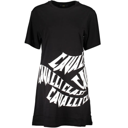 Cavalli Class Black Cotton Dress featuring short sleeves, round neck, and bold printed logo.