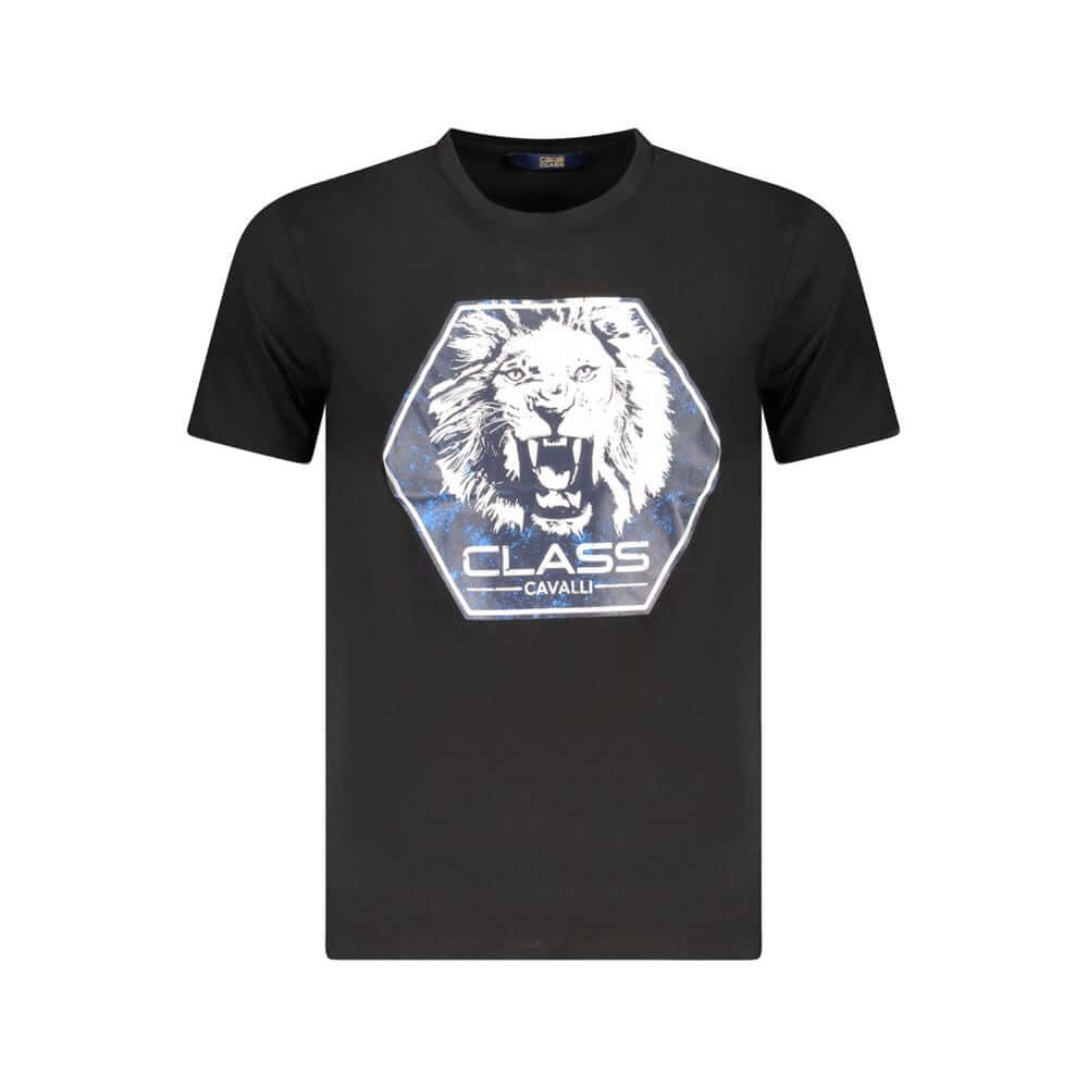 Cavalli Class Black Cotton Men T-Shirt with bold print and iconic logo, high-end casual chic, supreme comfort.