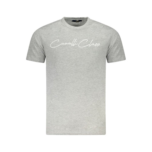 Cavalli Class Gray Cotton Men T-Shirt with short sleeves and crew neck, featuring a stylish print for a casual luxury look.