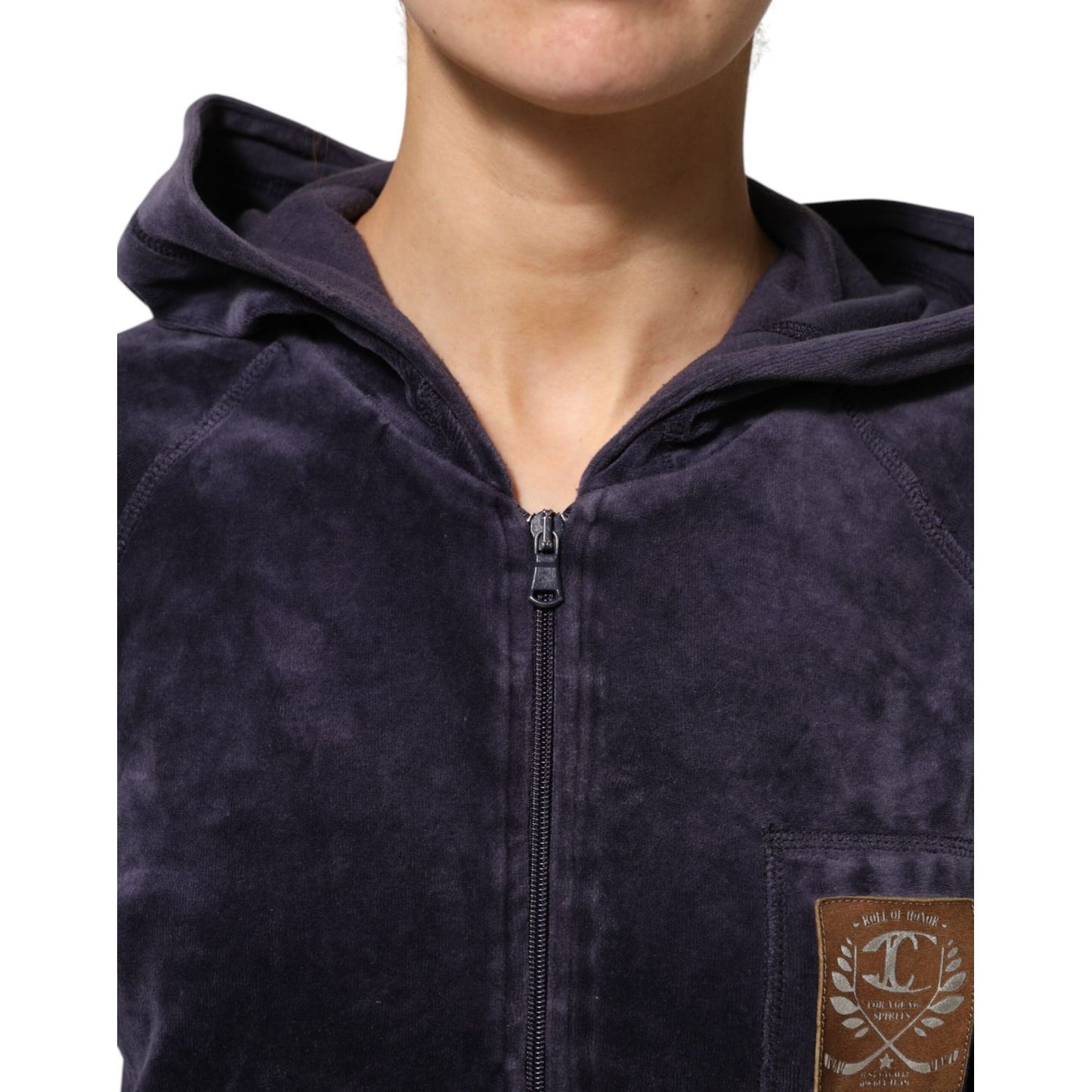 Cavalli Class Purple Cotton Blend Velvet Zip-Up Hoodie Sweatshirt Sweater