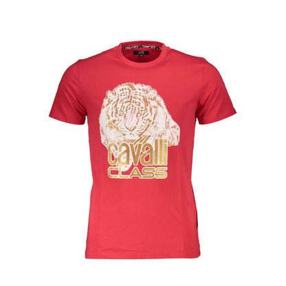 Cavalli Class Red Cotton Men TShirt with tiger print and logo, showcasing bold style and comfort for trendsetting fashion enthusiasts.