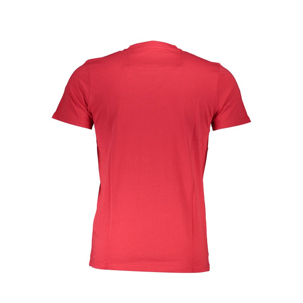 Back view of Cavalli Class Red Cotton Men TShirt showcasing its sleek design and vibrant color.