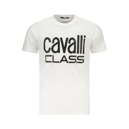 Cavalli Class White Cotton T-Shirt with logo print, crew neck, and short sleeves.