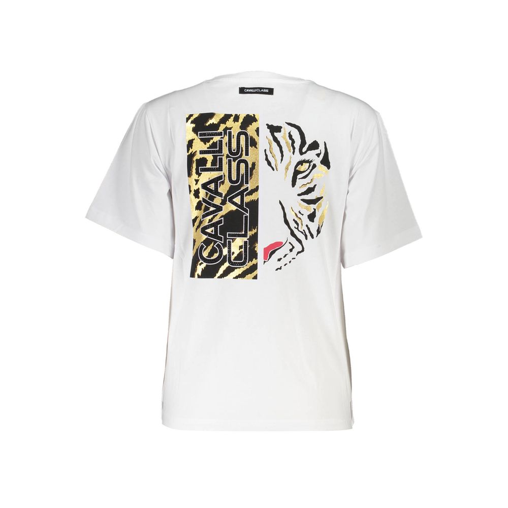 Cavalli Class White Cotton Women T-Shirt with tiger print and logo on back