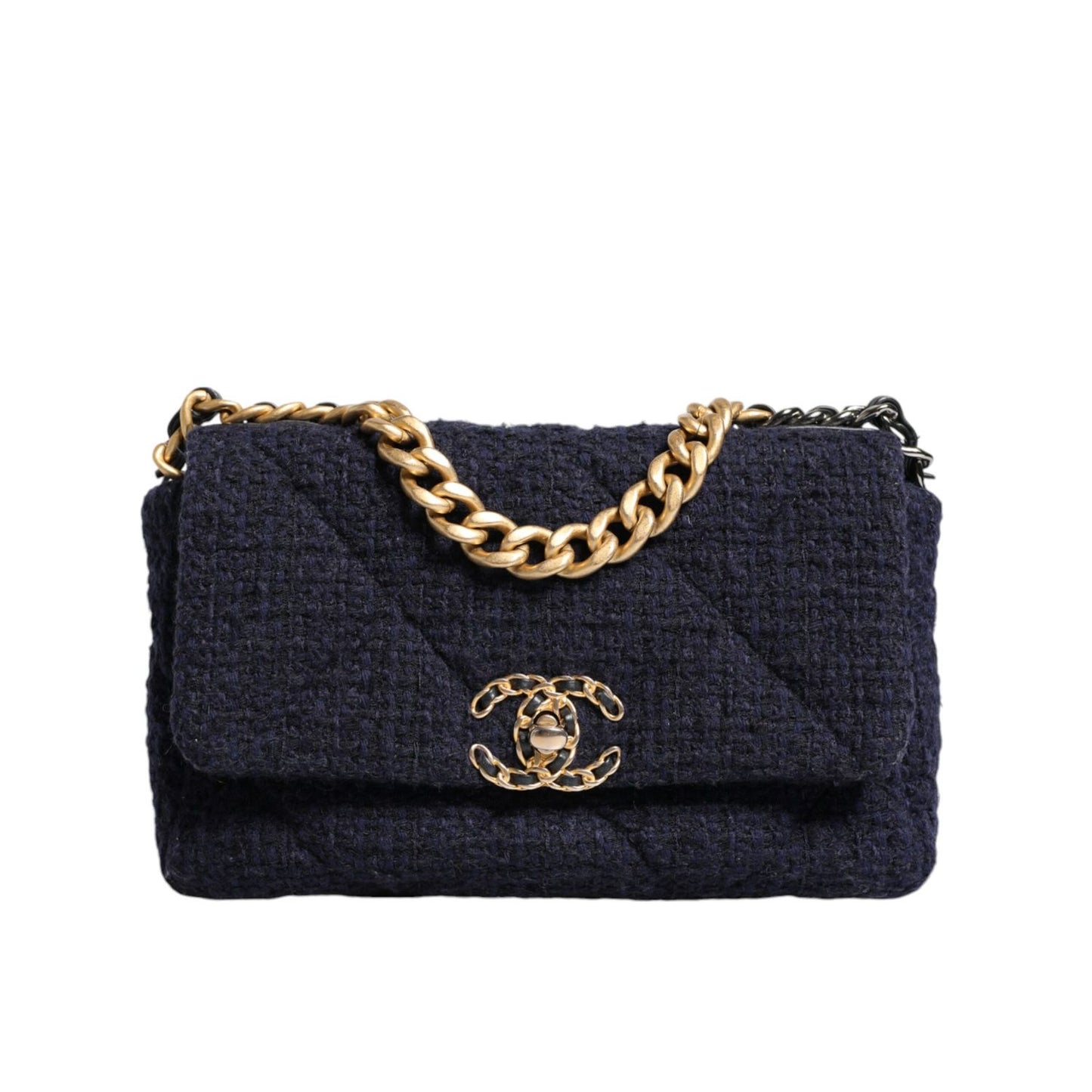 Chanel Dark Blue Medium Flap Tweed CC Gold Gray Chain Shoulder Bag