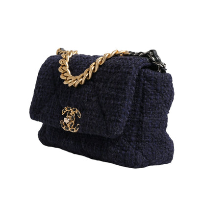 Chanel Dark Blue Medium Flap Tweed CC Gold Gray Chain Shoulder Bag